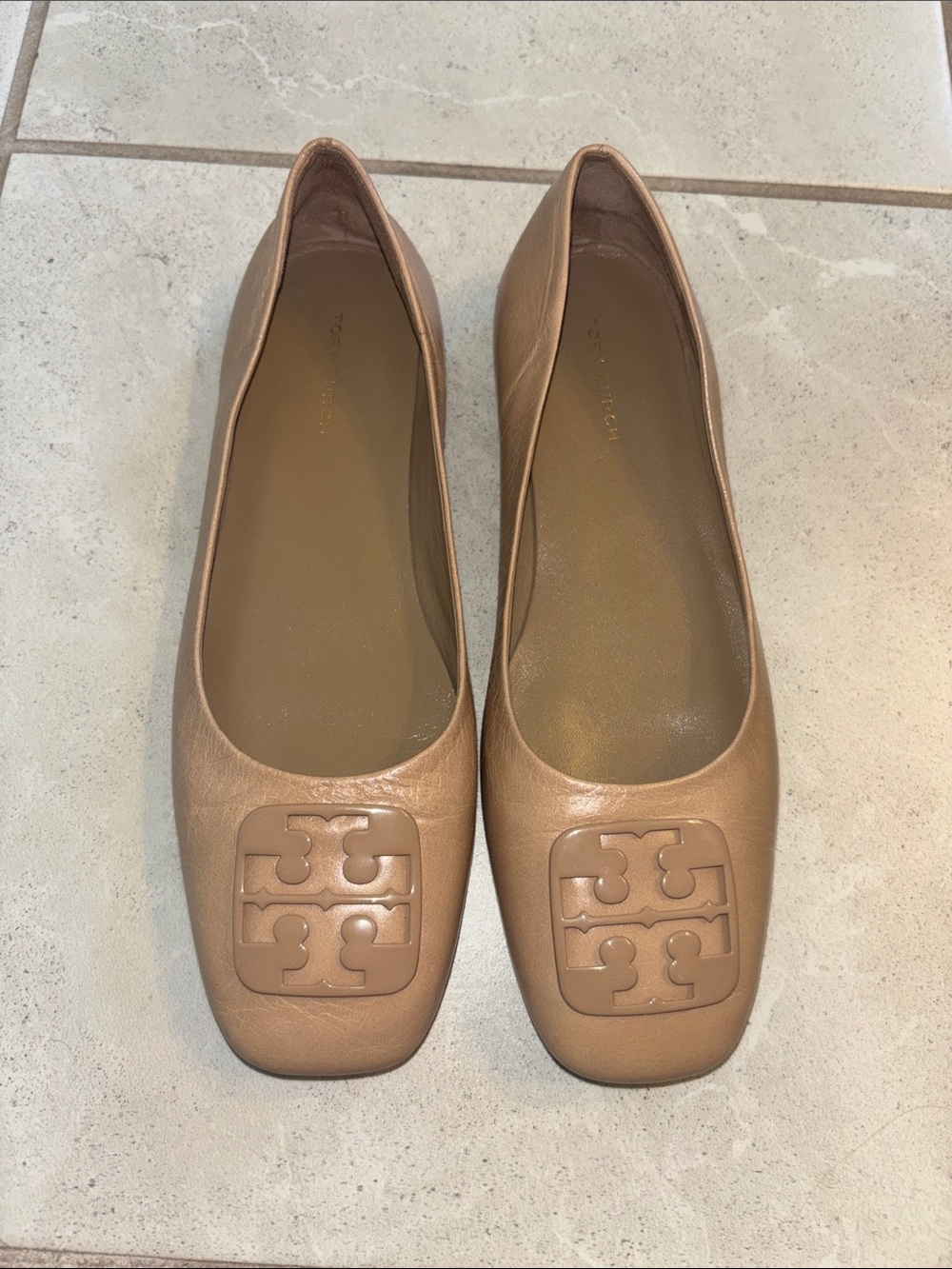 Tory Burch Tan Leather Logo Square-Toe Ballet Flats